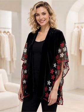 Jovie Black Velvet Floral Lace Embroidered Kimono Style Shrug